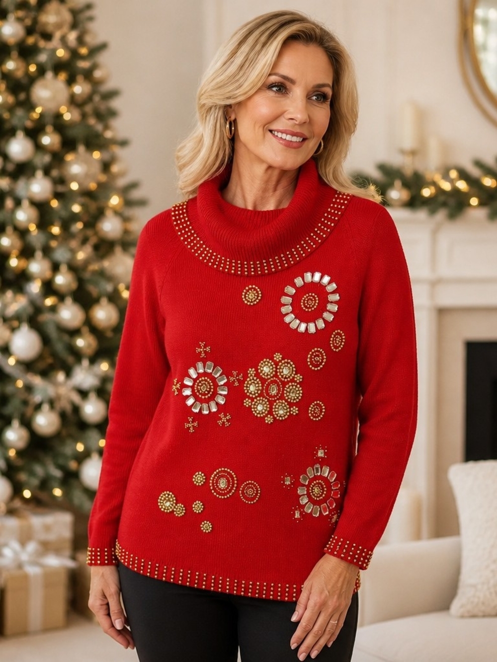 Victoria Harbor Women's Red Embellished Cowlneck Sweater
